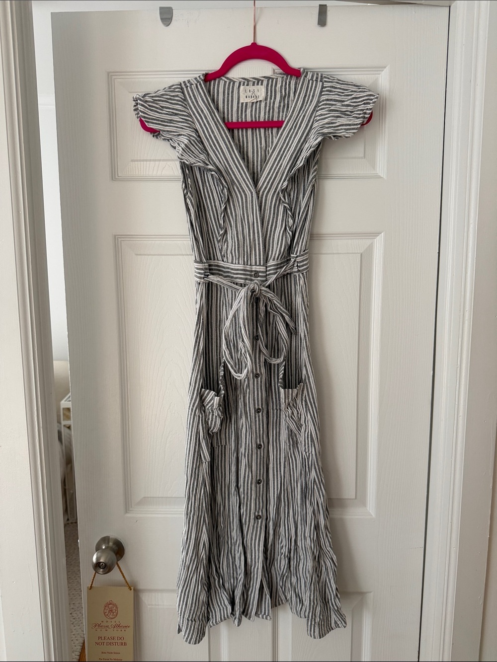 Striped Button-Front Tie-Waist Midi Dress in Grey/Blue & White